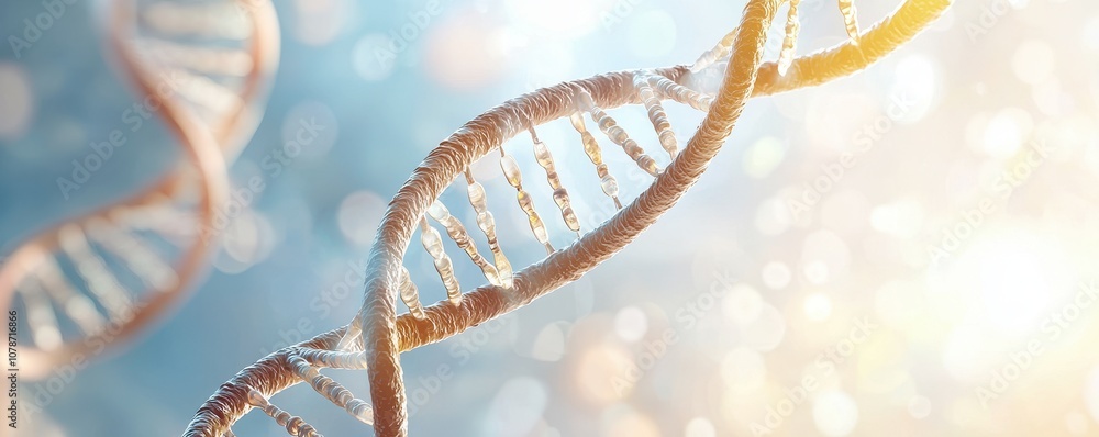A close-up of a DNA helix against a shimmering background, representing the fundamental building blocks of life and genetics. A close-up of a DNA helix against a shimmering background, representing the fundamental building blocks of life and genetics.