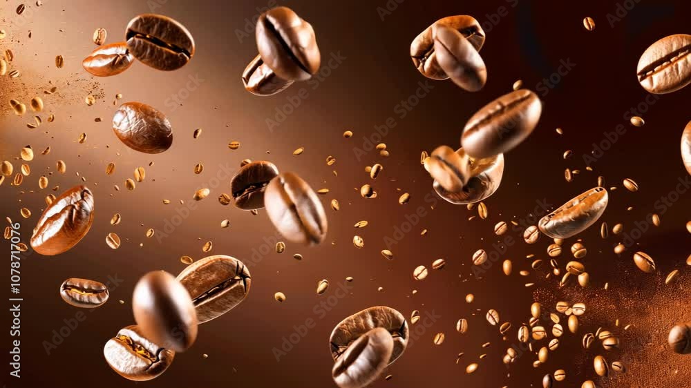 Coffee beans captured in mid-air with rapid motion effects, displayed realistically against a brown background. Coffee beans captured in mid-air with rapid motion effects, displayed realistically against a brown background.