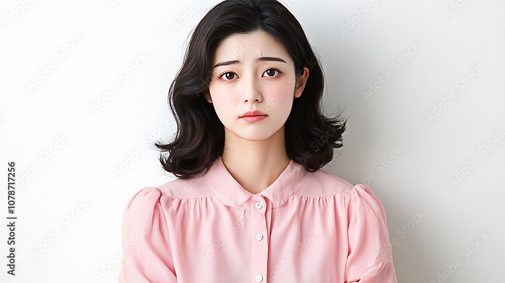 Young woman with long hair expresses emotions in soft pink blouse against neutral background Young woman with long hair expresses emotions in soft pink blouse against neutral background