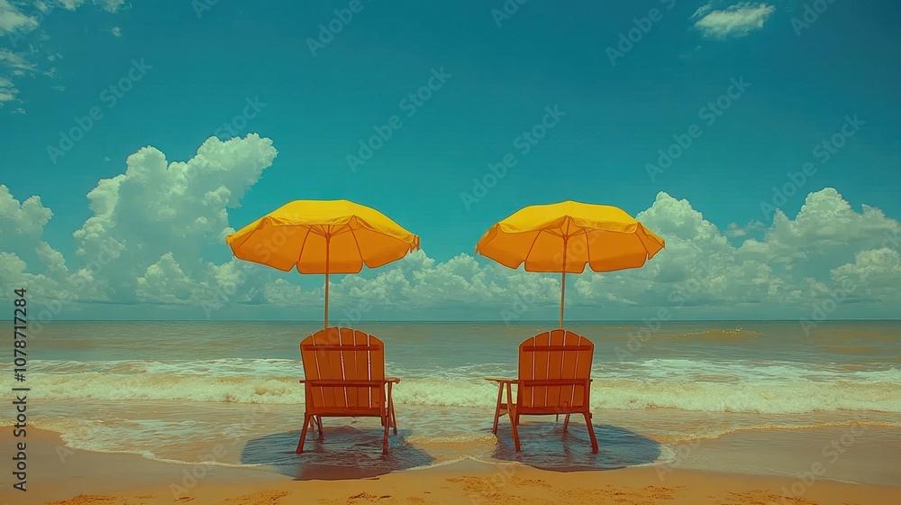 Two yellow umbrellas and beach chairs on a sandy beach under a blue sky. Two yellow umbrellas and beach chairs on a sandy beach under a blue sky.