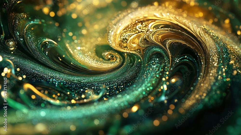 Abstract Swirling Lines of Gold and Green with Glittering Effect on Dark Background Abstract Swirling Lines of Gold and Green with Glittering Effect on Dark Background