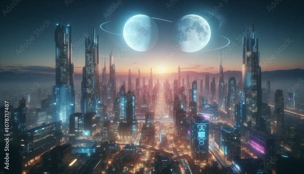 Fototapeta premium futuristic cyberpunk city at night with 2 moons (utopic world)