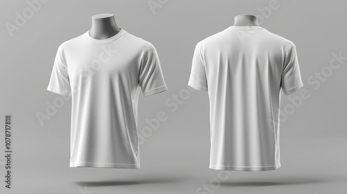 A plain white short sleeve t-shirt is showcased against a subtle gray background, highlighting the simplicity and elegance of casual wear design and fabric texture. photo