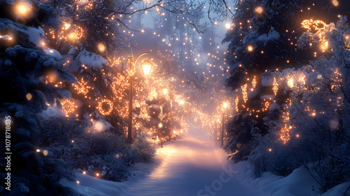 A magical snowy forest path illuminated by warm Christmas lights, creating a festive and enchanting winter wonderland scene.