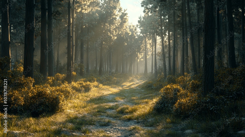 Obraz premium Mystical Pine Forest with Volumetric Light Beams Streaming Through the Trees