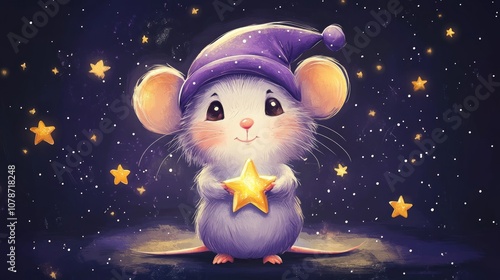 A cute cartoon mouse wearing a sleep cap holds a yellow star in its paws.  A starry night sky forms a background. photo