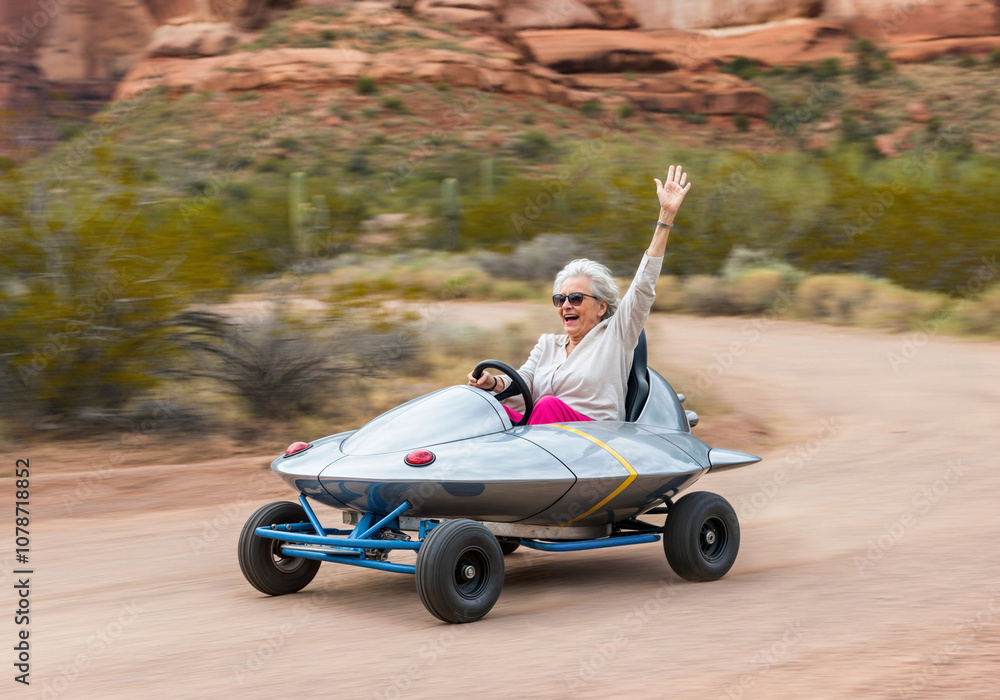 Boomer grandma enjoying her golden years and living life to the fullest by racing in a UFO shaped go kart at high speed down a desert canyon dirt road with one hand in the air. Boomer grandma enjoying her golden years and living life to the fullest by racing in a UFO shaped go kart at high speed down a desert canyon dirt road with one hand in the air.
