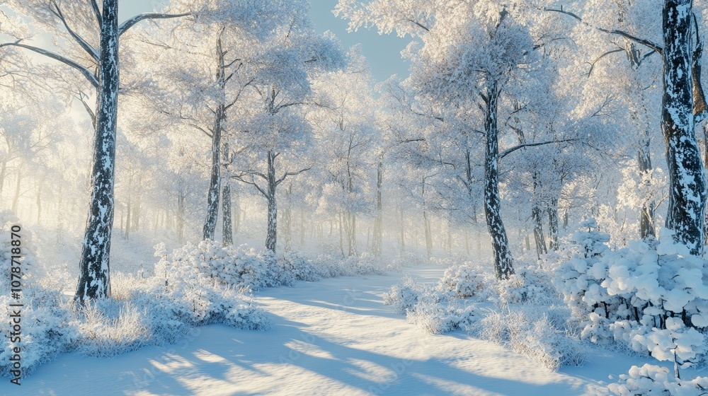 Snowy Forest with Trees Covered in Frost Under Clear Winter Sky Snowy Forest with Trees Covered in Frost Under Clear Winter Sky