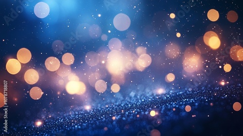 Festive Starry Sky Background with Blue and Gold Bokeh Lights for Holiday Decor