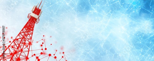 Blue Background with Red Digital Connections and Cell Tower