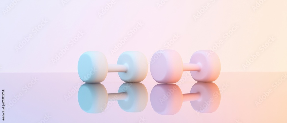 Two dumbbells are on a table with a pink and blue color Two dumbbells are on a table with a pink and blue color