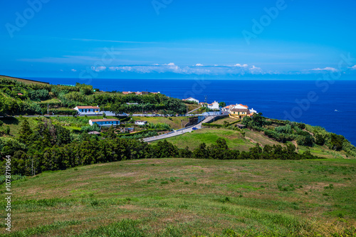 A view northward from the viewpoint at Sossego on the island of Sao Miguel in the Azores in summertime photo