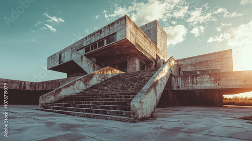 Brutalist concrete building with grand staircase, sunset light, dramatic sky, modern architecture photo