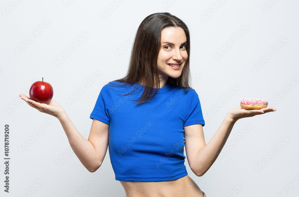 Beautiful young woman having to choose in between a donut and a red apple. On white background Beautiful young woman having to choose in between a donut and a red apple. On white background