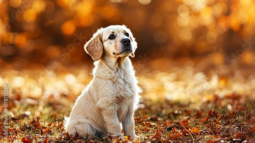 A golden retriever puppy sits on a bed of fallen leaves, looking up with anticipation