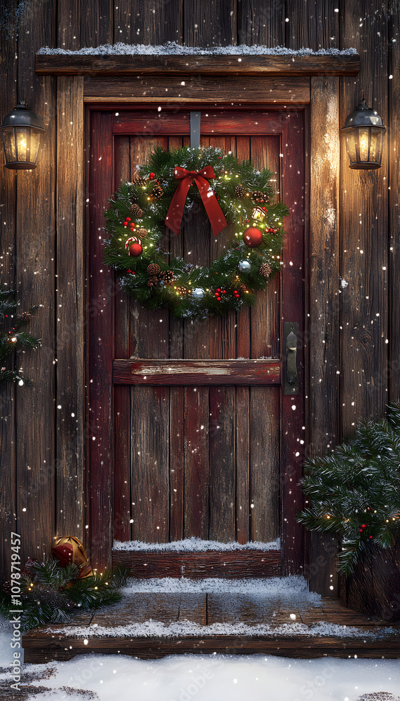 A traditional Christmas wreath with pinecones, berries, and a red ribbon hanging on a rustic wooden door, evoking a cozy, welcoming holiday atmosphere. A traditional Christmas wreath with pinecones, berries, and a red ribbon hanging on a rustic wooden door, evoking a cozy, welcoming holiday atmosphere.