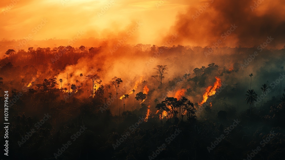 Wildlife Faces Peril in Tropical Jungle Featuring Orangutan Against Dramatic Fiery Backdrop Wildlife Faces Peril in Tropical Jungle Featuring Orangutan Against Dramatic Fiery Backdrop