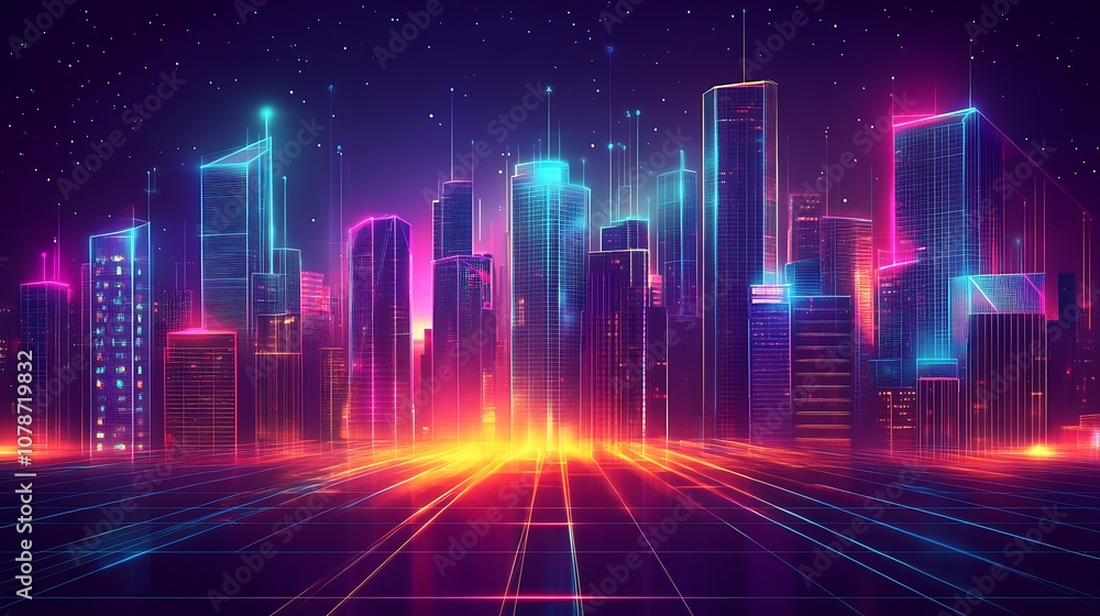 Abstract digital cityscape with glowing neon lights and geometric grid design Abstract digital cityscape with glowing neon lights and geometric grid design