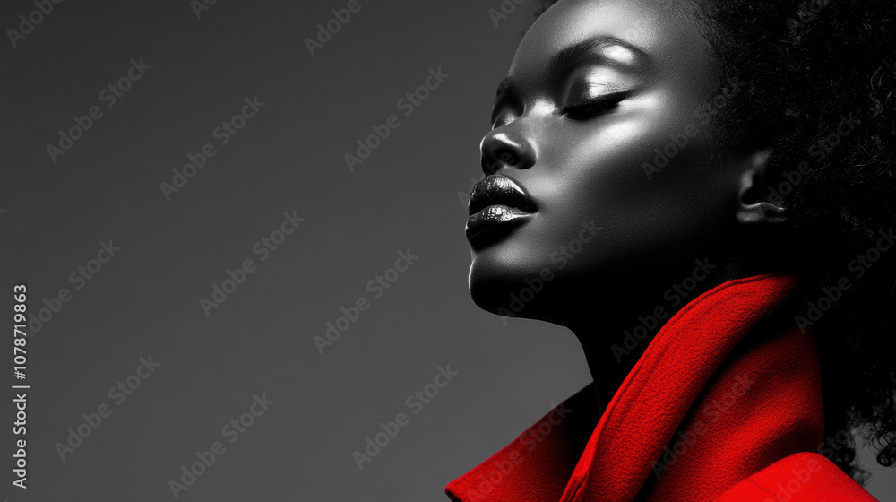 Elegant portrait of a woman in a striking red coat against a monochrome background, AI Elegant portrait of a woman in a striking red coat against a monochrome background, AI
