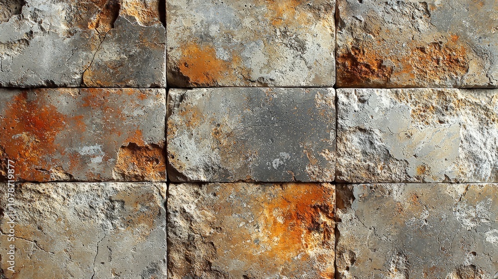 A textured wall made of weathered stone tiles with orange and gray hues. A textured wall made of weathered stone tiles with orange and gray hues.
