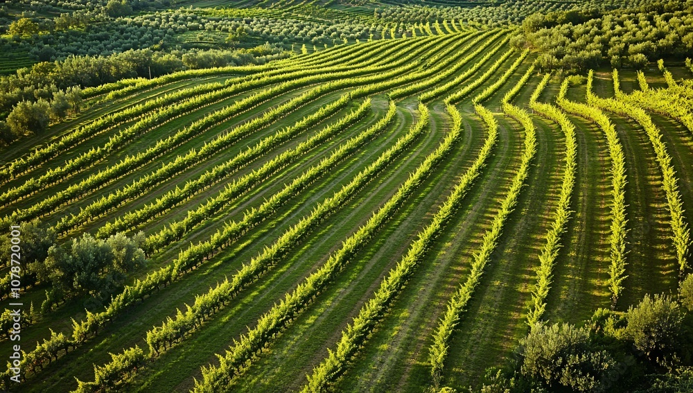 Fototapeta premium Aerial View of Vineyard Rows in a Lush Landscape