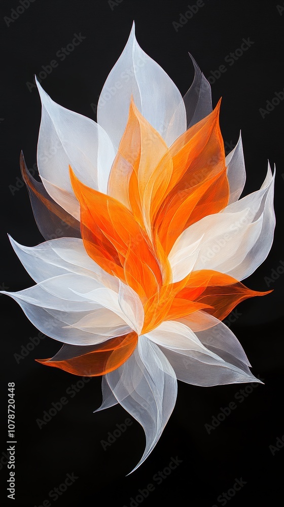 Obraz premium 黒い背景にオレンジと白の抽象的な花の絵。