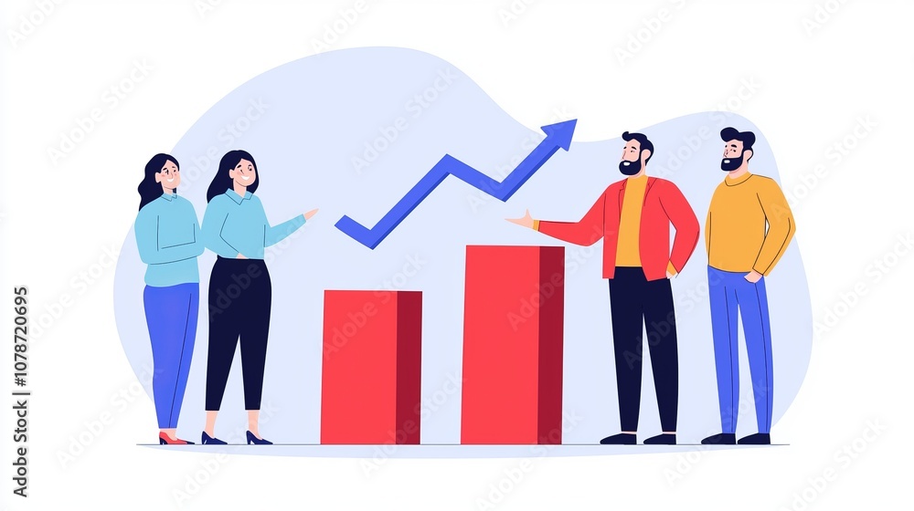 Four individuals discussing data trends, represented by rising bar graphs and a growth arrow in a colorful, modern style. Four individuals discussing data trends, represented by rising bar graphs and a growth arrow in a colorful, modern style.