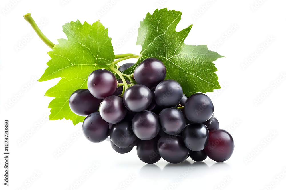 Dark purple grape cluster with leaves isolated on white background. Dark purple grape cluster with leaves isolated on white background.