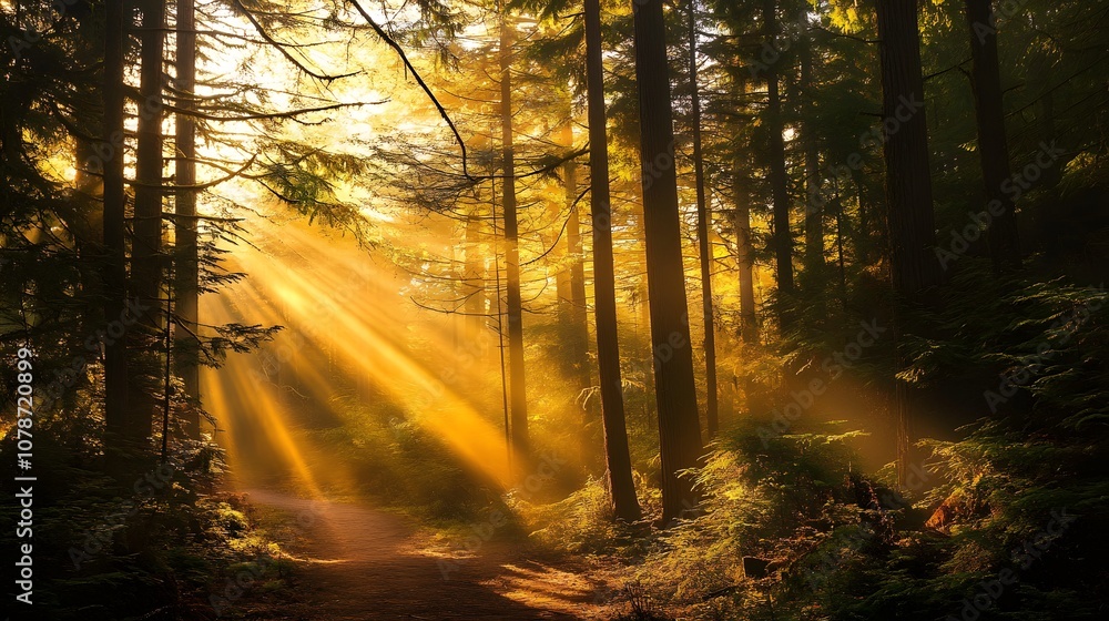 Fototapeta premium Sunlight streams through the trees in a misty forest.