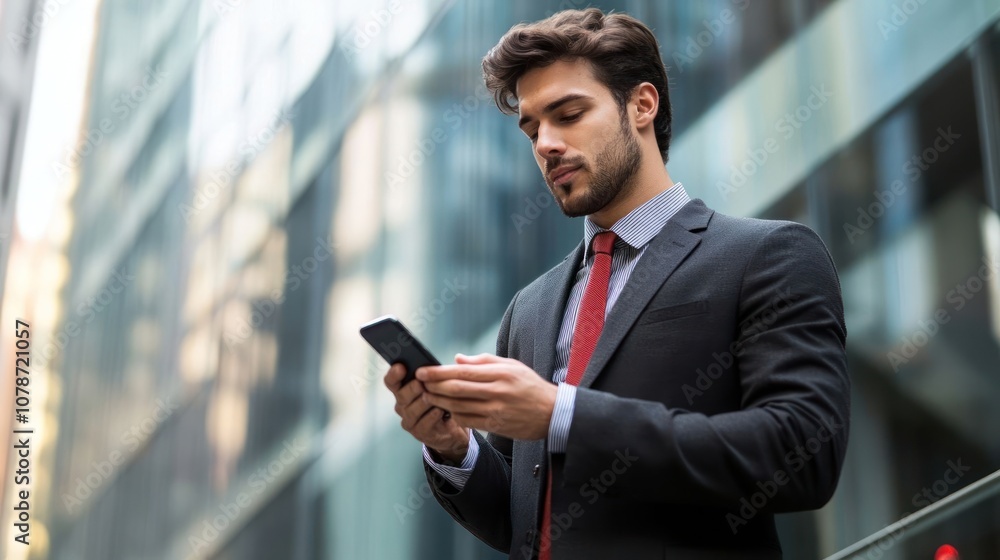 A young businessman in a suit using his smartphone in front of a modern office building. A young businessman in a suit using his smartphone in front of a modern office building.