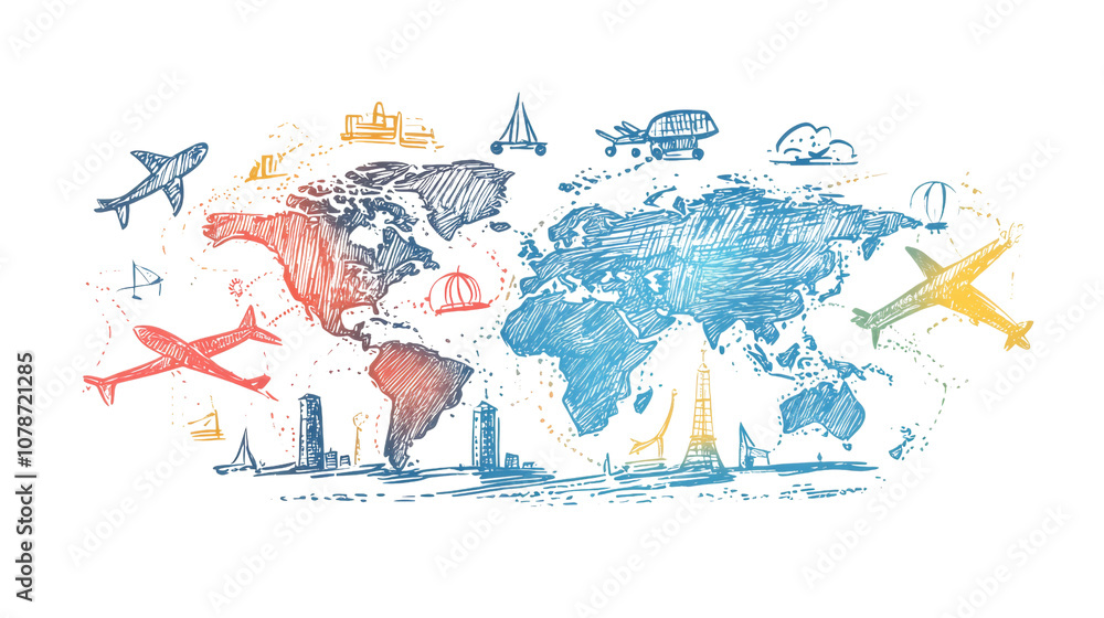 Naklejka premium Global Networking and Travel Routes Concept with Hand-Drawn Arrows