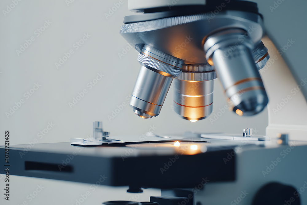 A close-up of a microscope lens focusing on a specimen slide, highlighting biological research. A microscope in action.
A close-up of a microscope lens focusing on a specimen slide, highlighting biological research. A microscope in action.