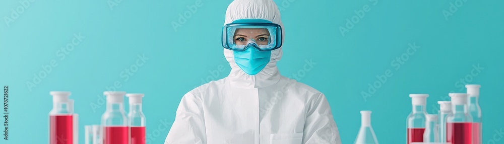 A scientist in protective gear stands in a lab with various glassware containing red liquid, showcasing a vibrant blue backdrop. A scientist in protective gear stands in a lab with various glassware containing red liquid, showcasing a vibrant blue backdrop.