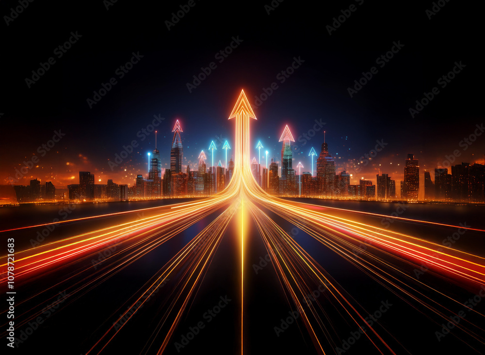 A city skyline with a large glowing arrow pointing upward at the end of a highway with streaks of light. A city skyline with a large glowing arrow pointing upward at the end of a highway with streaks of light.