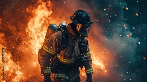 A firefighter in full gear stands before a wall of flames, facing the danger head-on. The intensity of the fire is evident in the heat radiating from the flames and the smoke billowing in the air.