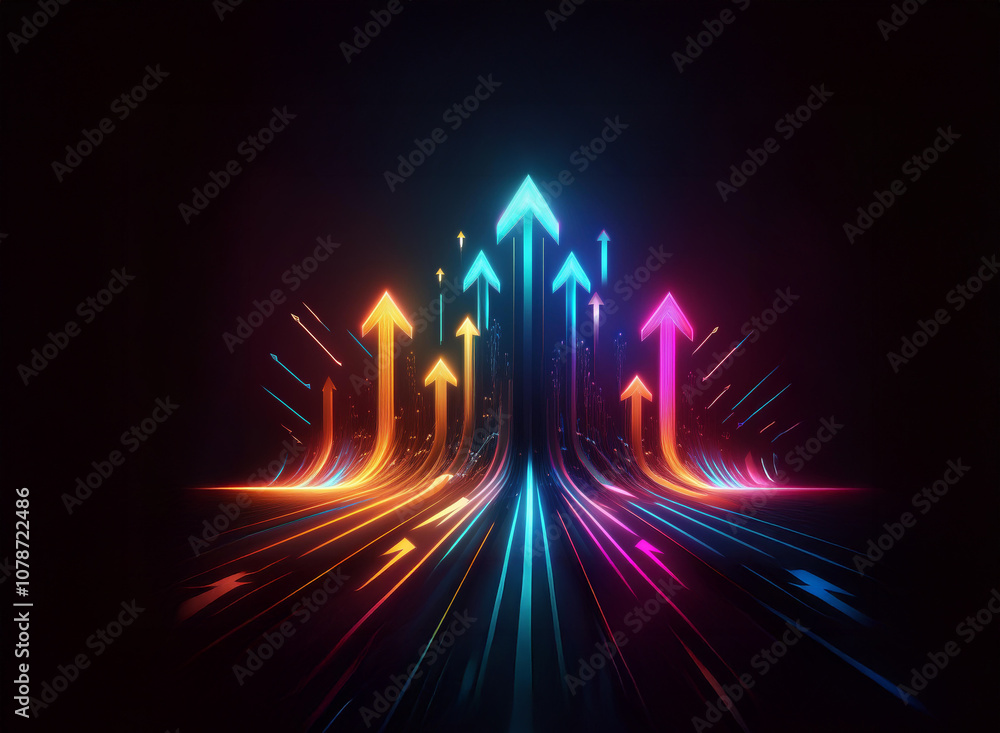 A dark background with a field of colorful glowing arrows pointing upwards towards a bright light. A dark background with a field of colorful glowing arrows pointing upwards towards a bright light.