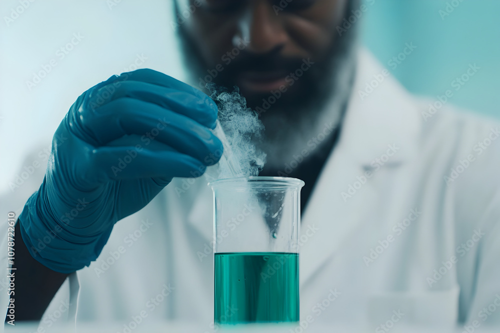 A close-up of a scientist's hands conducting an experiment with colorful chemicals. A scientist at work in the lab.


