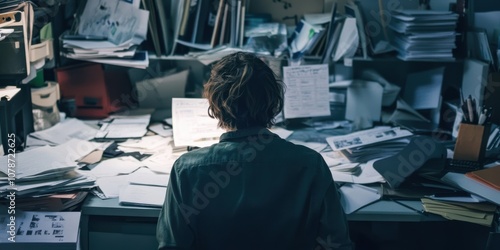 A person filing documents in a cluttered, gray office space, looking disengaged and disinterested photo