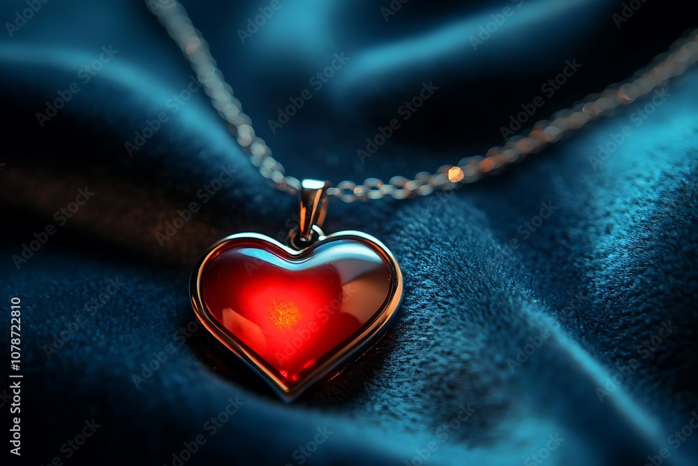 Red Heart Pendant Necklace on Blue Fabric - Photo Red Heart Pendant Necklace on Blue Fabric - Photo