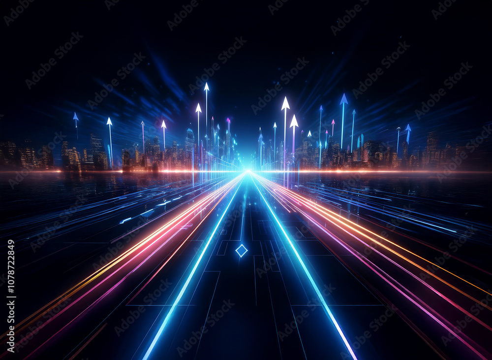A futuristic city skyline with glowing neon lines and arrows, depicting a path to progress and innovation. A futuristic city skyline with glowing neon lines and arrows, depicting a path to progress and innovation.