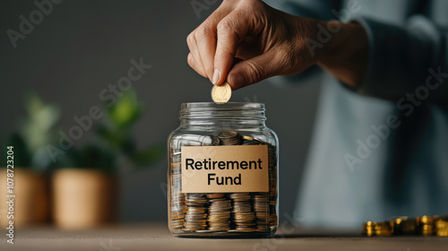 Strategically saving for your future hands placing coins into a retirement fund jar photo