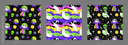 Cats and Alien in space cartoon vector seamless pattern