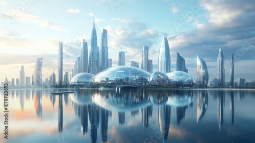 Wallpaper Mural A futuristic city skyline with modern skyscrapers reflecting in a calm body of water. Torontodigital.ca