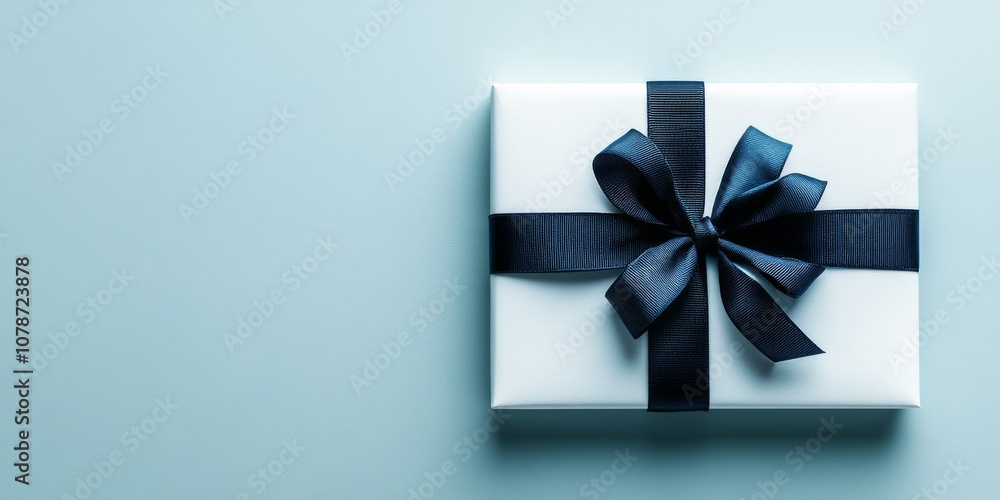 White gift box with a dark blue satin ribbon and bow on a light blue background, perfect for celebrations and special occasions.. White gift box with a dark blue satin ribbon and bow on a light blue background, perfect for celebrations and special occasions..