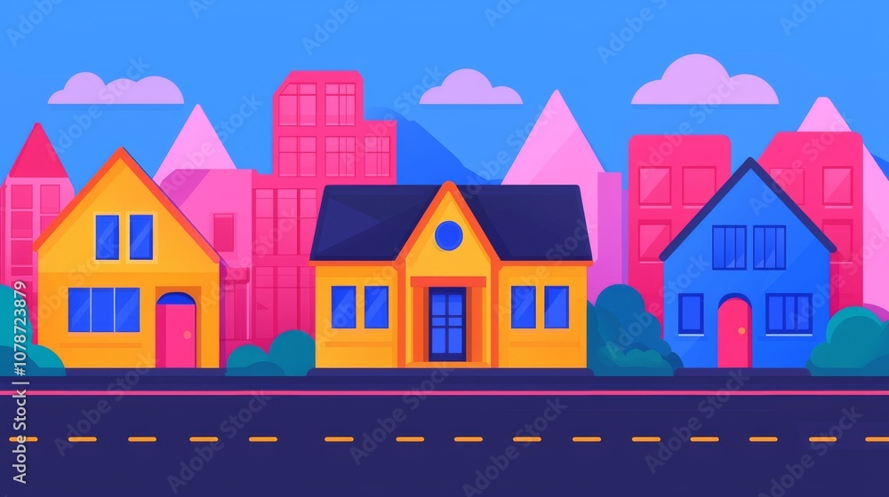Naklejka premium Explore the Vibrant Charm of a Colorful Suburban Street Scene Featuring Unique Architecture and Lively Neighborhoods