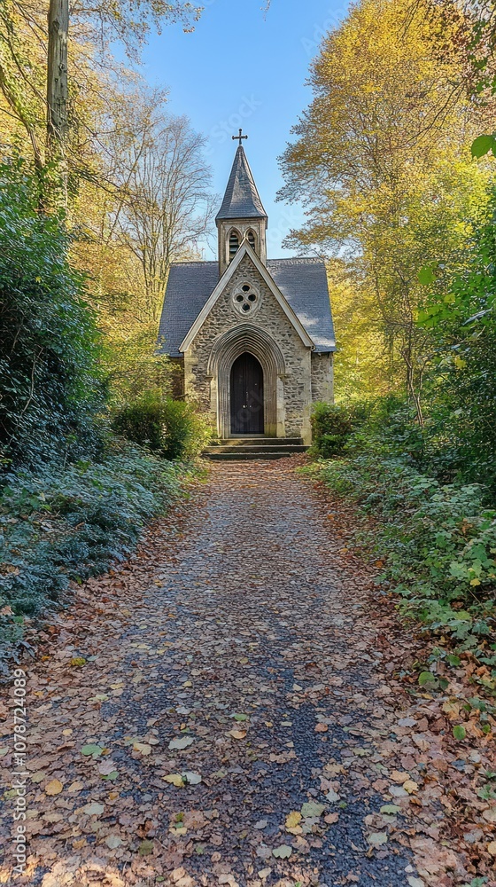 A quaint stone chapel surrounded by autumn foliage on a leaf-covered path. A quaint stone chapel surrounded by autumn foliage on a leaf-covered path.