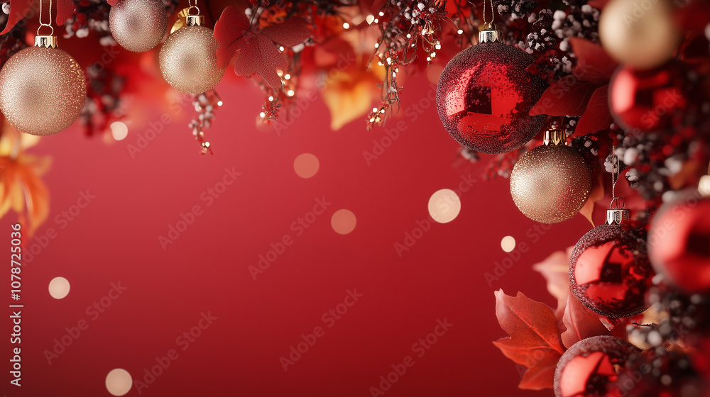 red christmas decoration and autumn leaves background red christmas decoration and autumn leaves background