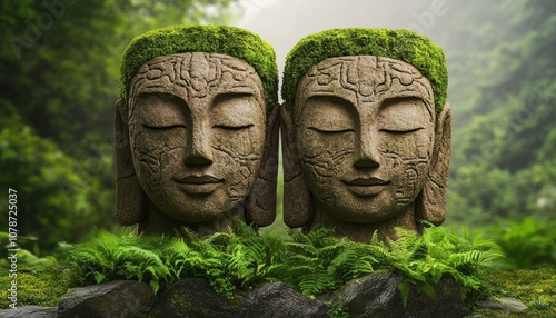 Two Buddha Statues Standing Together, Eyes Closed, Symbol of Peace and Harmony, Spiritual Connection, Zen Garden, Tranquil Nature, Buddhist Art, Meditation, Inner Peace, Enlightenment, Mindfulness photo