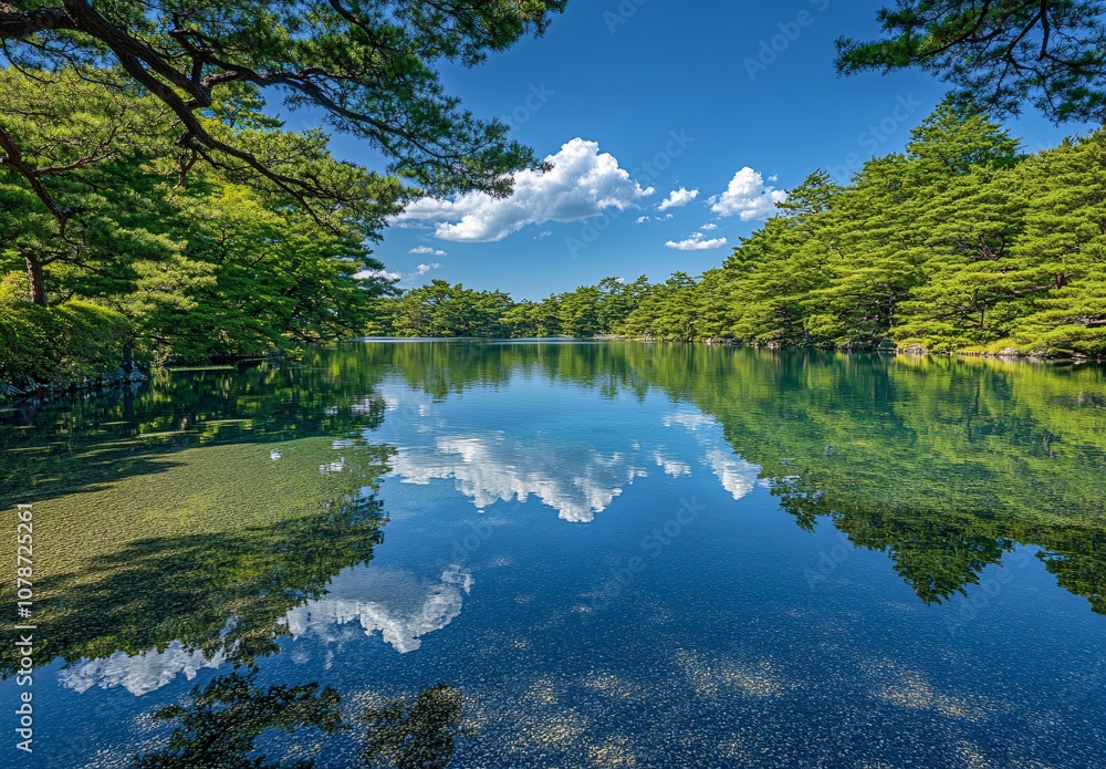 Fototapeta premium Serene Japanese Lake Reflection with Green Trees
