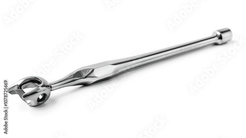 A Single Tooth Standing Isolated with a Tool Beside It on a Clean White Background. Detailed View of Dental Object and Associated Implement in a Plain Setting.